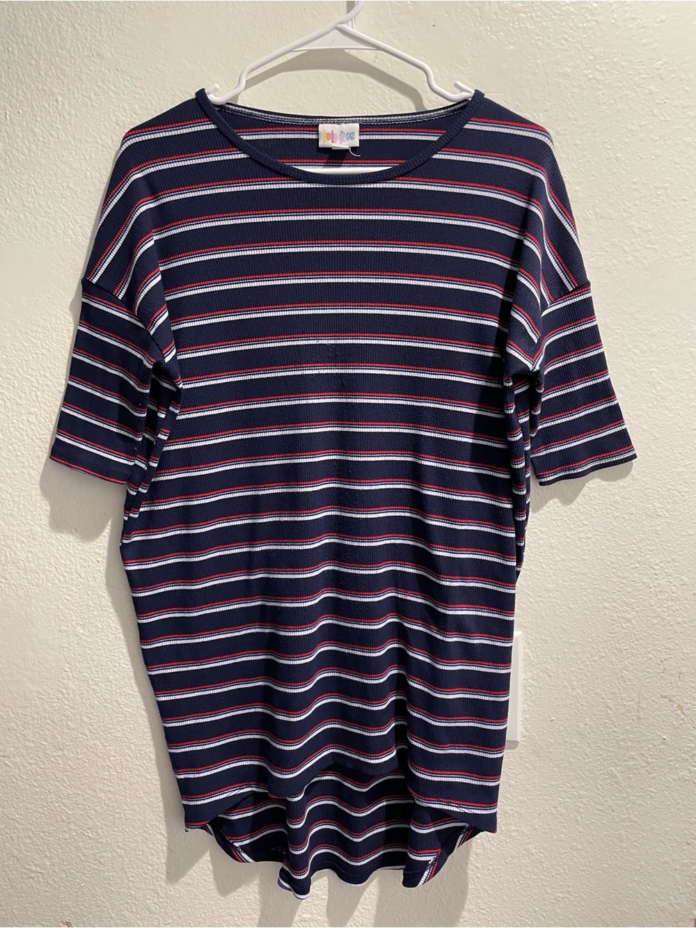 LuLaRoe Irma Tunic Top XS 💥 Patriotic Red White Blue Stripe High Low Tee🇺🇸